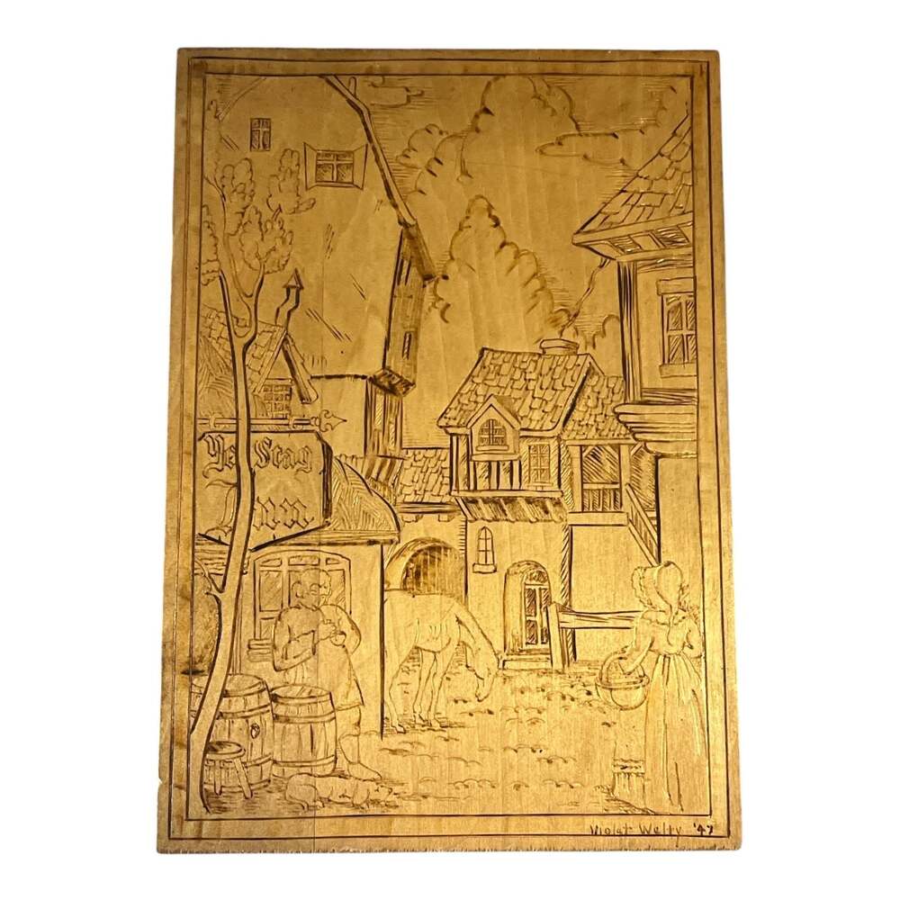 Vintage 1947 Wood Burn Pyrography Wall Plaque by Violet Welty, Ye Stag Inn Scene